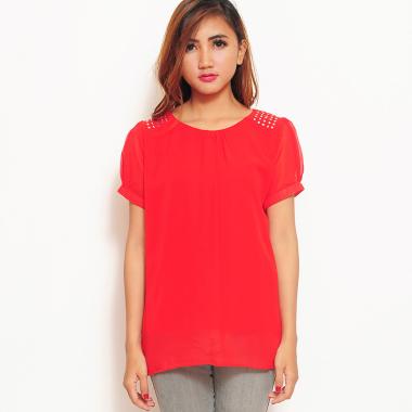 Jfashion Mote SS Sifon Gaya Korea Variasi Mote Bahu Tangan Pendek Blouse Atasan Wanita M-L Merah