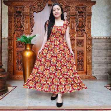 Dress Daster Canda Panjang Motif Bunga Mekar Korea Lengan Pendek Rayon Super Premium Bali Terbaru Kekinian Pakaian Baju Dres Murah Wanita Cewek Orange