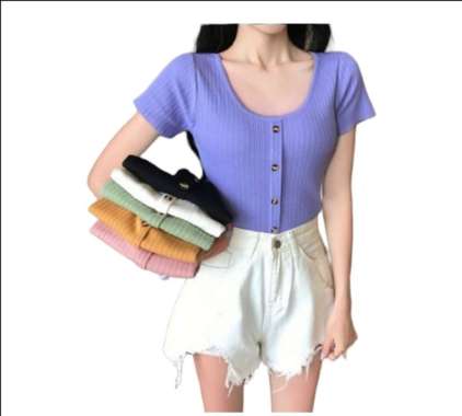 Atasan Wanita Kaos Kekinian Terbaru Termurah Keiko Button Rib Abu Muda