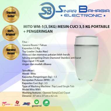 MITO WM-1(3,5 KG) MESIN CUCI 3,5 KG PORTABLE + PENGERINGAN (NEW) (KHUSUS BANDUNG)