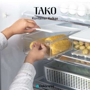 Dekoruma TAKO Kotak Penyimpanan Kulkas dengan Tutup Putih dan Saringan 28.5x17x9.5 Cm
