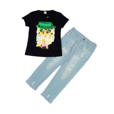 MEE Face Cat Black with Pants Jeans Set Setelan Anak Perempuan