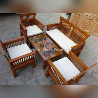 Kursi & Meja Tamu Minimalis Kayu Jati Ukir/Ukiran Bunga Mebel Jepara -- Multicolor
