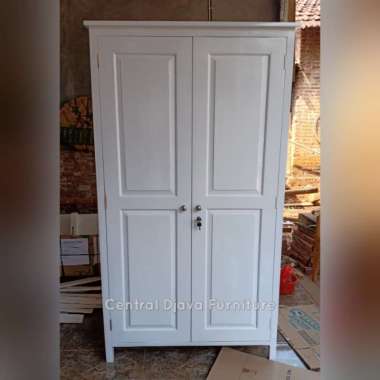 Lemari Pakaian 2 Pintu Minimalis Cat Duco Almari Kayu Jati Jepara -- Putih