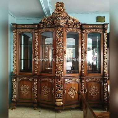 Lemari Hias Kaca Kayu Jati Ukir Almari Pajangan Bufet Ukiran Jepara Coklat