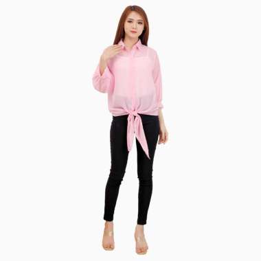 Kemeja sifon oversized Gaya Korea Lengan 3/4 model terbaru - Jfashion Changle M-L Pink