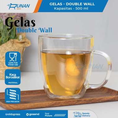 Gelas Kaca Double Wall Anti Panas 500 ml Gelas Kopi Teh Dengan Handle