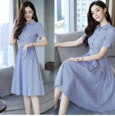 Dress salur/middle dress/dress lengan pendek/dress kemeja salur / Dress Daeho Biru