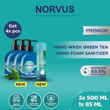 Hand Wash Green Tea 3x 500ml & Dry Hand Foam Sanitizer 85ml - NORVUS