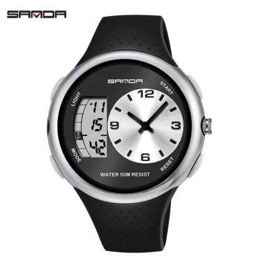 Jam Tangan Pria Digital Analog Tali Rubber Chronograph Anti Air SANDA 763 Hitam Silver