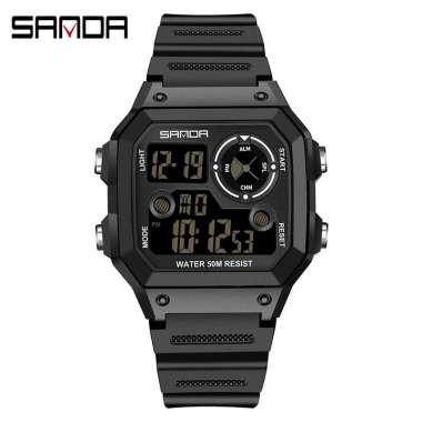 Jam Tangan Pria Digital Tali Rubber Chronograph Anti Air SANDA 418 Hitam Hitam