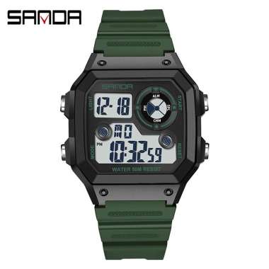 Jam Tangan Pria Digital Tali Rubber Chronograph Anti Air SANDA 418 Green Army