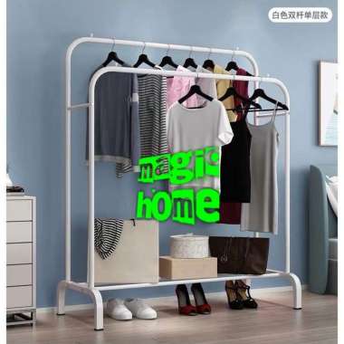 Stand Hanger DOUBLE Row windproof 4 roda Rak Besi Gantungan Baju 999 TANPA RODA