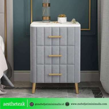 MEJA NAKAS 3 LACI MODERN TOP MARMER / BEDSIDE TABLE NORDIC Marmer Abu-abu