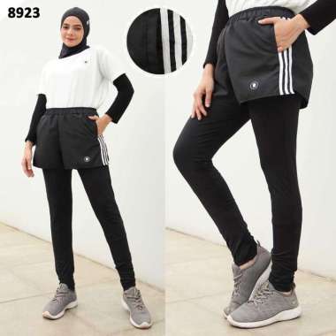 Hitjab - Celana Olahraga 2 in 1 Legging Sport Stripe Wanita Lari 8923