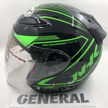 Helm NHK R6 Motif Airfit Black Green Glossy Hitam Hijau Half Face M Black Green