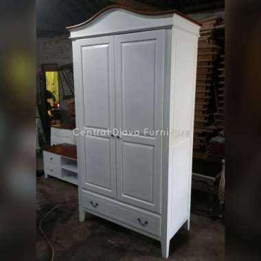 Lemari Pakaian 2 Pintu Kayu Jati Cat Duco Almari Minimalis Jepara -- Putih