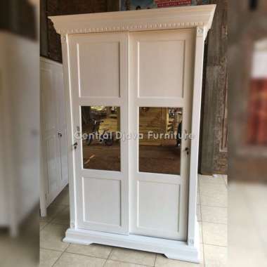 Lemari Pakaian Sliding 2 Pintu Kayu Jati Cat Duco Almari Minimalis -- Putih