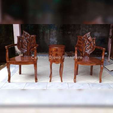 Kursi & Meja Teras Daun Ukir Kayu Jati Ukiran Uniq Furniture Jepara Coklat