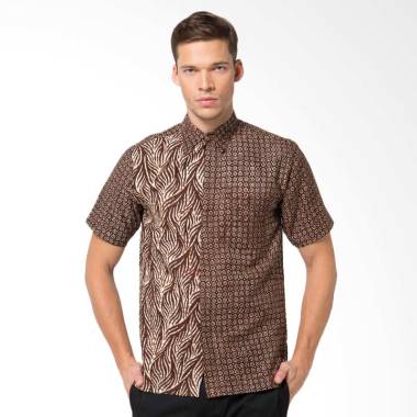 Batik Aksen Tropis Hem Pendek Doby Kombinasi Kemeja Pria - Brown