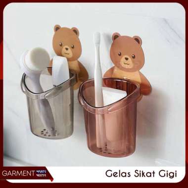 Tempat Sikat Gigi Tempel Dispenser Odol Gantungan Dinding Beruang Motif Lucu Bulat COKLAT