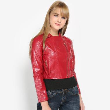 Mobile Power K7102 Ladies Cropped Synthetic Leather Zipper Jacket - Red