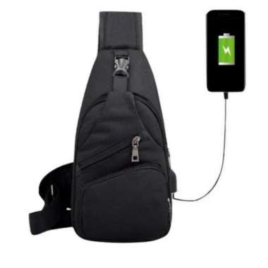 Tas Pria Selempang Waist Bag Sling Bag with USB Port - FREE USB CABLE