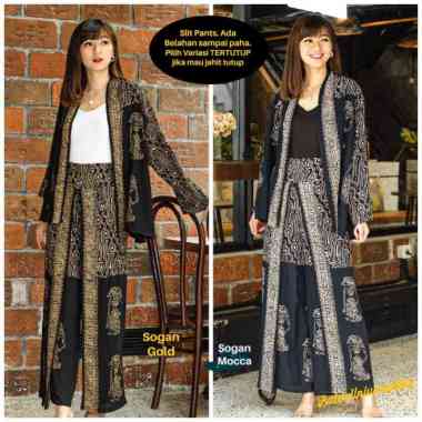 Setelan Batik Wanita Cardigan Celana Wanita - Big Parang Wayang - SOGAN MOCCA, CELANA TERBUKA SOGAN 