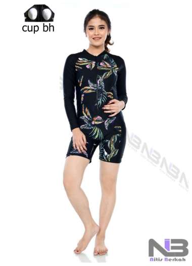 NIBER Baju Renang Diving Dewasa Cewek Motif Corak + Cup Bh XL daun hijau +bra