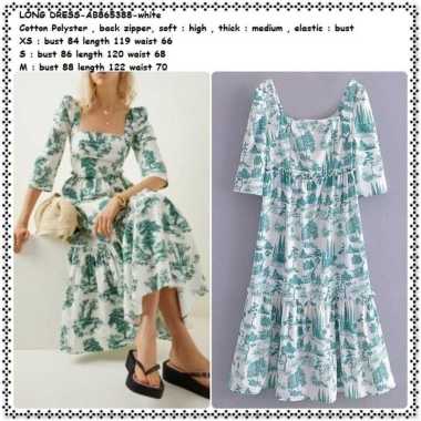 AB865388 Retro Vintage Long Dress Midi Wanita Korea Import Putih Hijau