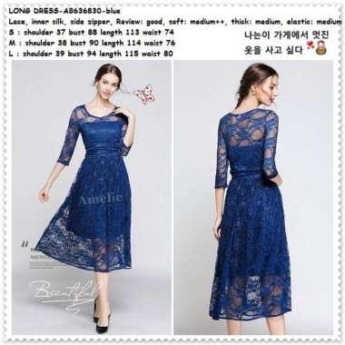 Long Dress Midi Brukat Gaun Pesta Wanita Korea Import AB636830 Biru S
