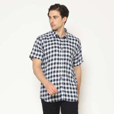 POLICE Kemeja Kotak Linen Biru Regular Fit Pria Biru M