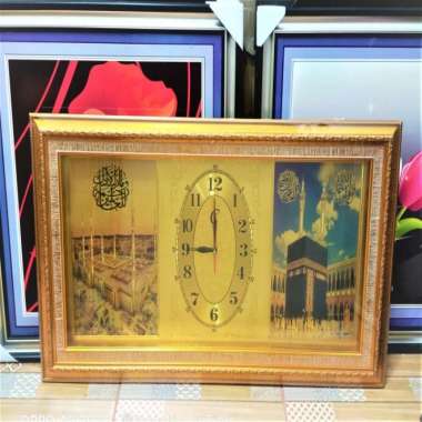 Hiasan Dinding Kaligrafi Dan Jam Dinding Relief Mewah Ukuran 45*85 Cm M.Nabawi&Ka'Bah