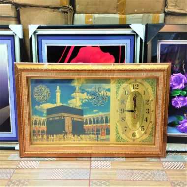 Hiasan Dinding Kaligrafi Dan Jam Dinding Relief Mewah Ukuran 45*85 Cm Ka'Bah