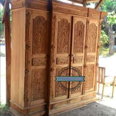 Lemari Pakaian Gebyok 4 Pintu Mentah Kayu Jati Almari Ukir/Ukiran -- Coklat
