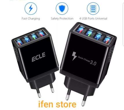 ECLE Adaptor Charger 3A QC 3.0 Enabled 4 Multiport USB Model EAC606 Original Black