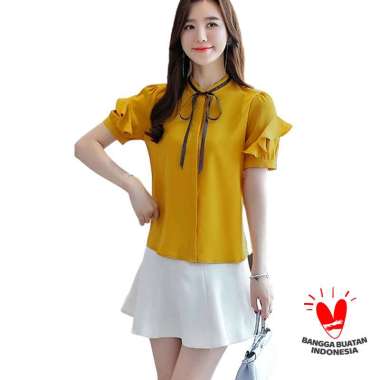 Okechuku CHALISTA Blus Lengan Pendek Blouse Wanita Gaya Korea Murah Terbaru XL Kuning
