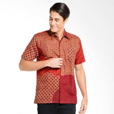 Batik Aksen Tropis Hem Pendek Acak Matahari Kemeja Batik Pria - Red