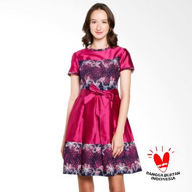 Lombang Batik Rempel Tali Pinggang Dress Wanita - Pink Fanta