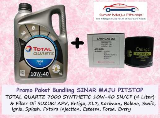 Paket Bundling Oli TOTAL QUARTZ 7000 SAE 10W-40 SN SYNTHETIC 4 Liter & Filter Oli Mobil SUZUKI BALEN
