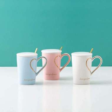 Gelas Cangkir Mug Motif Love Gagang | Gelas + Sendok Dan Tutup Keramik BIRU