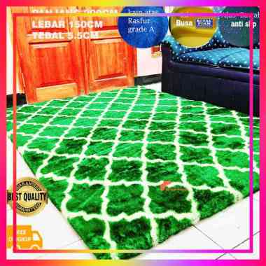 ( Anti Selip ) KARPET bulu Rasfur Motif panjang 200X120X3,5CM HIJAU PUTIH