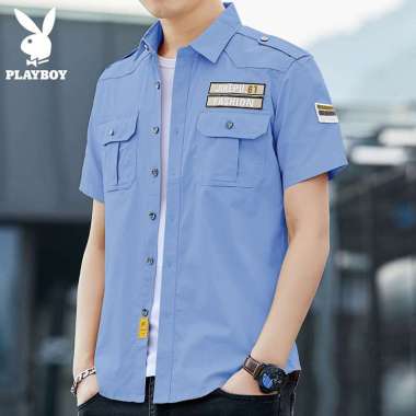 Kemeja Lengan Pendek Pria Hem Casual Barry Cowok Baju Pria Distro Biru M-L