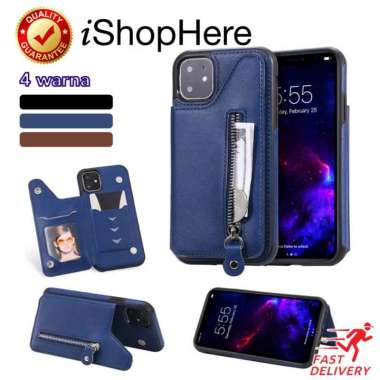 Case iPhone 12 Pro Max 12 Mini Casing Stand Dompet Kartu Zipper iPhone 12 Cokelat