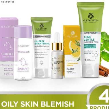 Azarine Paket Oily Skin Set Untuk Bekas Jerawat Acne Gentle Cleansing Foam Skinfit Essence Toner Oil
