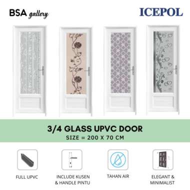 PINTU KAMAR MANDI UPVC ICEPOL KACA 3/4 / PINTU WC MOTIF KOMPLIT SET