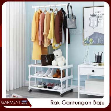 Stand Hanger Rak Gantungan Baju Tas Berdiri Rak Sepatu 3 Susun Jemuran Roda Besi Stainless PUTIH