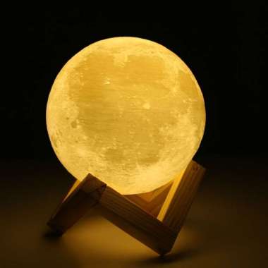 Lampu tidur LED 3D Miniatur Bulan plus Dudukan Kayu- Lampu Hias Kamar Tidur