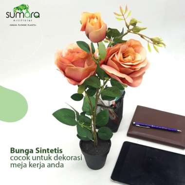 Bunga Mawar Peach Palsu/Plastik/Sintetis + Pot