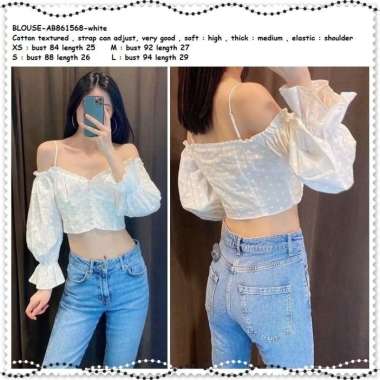 AB861568 Baju Atasan Sabrina Putih Crop Top Blouse Wanita Korea Import